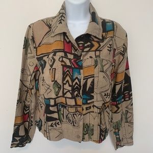 CHICO'S TAN PRINTED 100% LINEN JACKET SIZE MEDIUM (8)